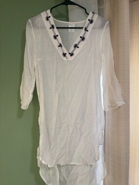 White Embroidered V-Neck Swim Coverup